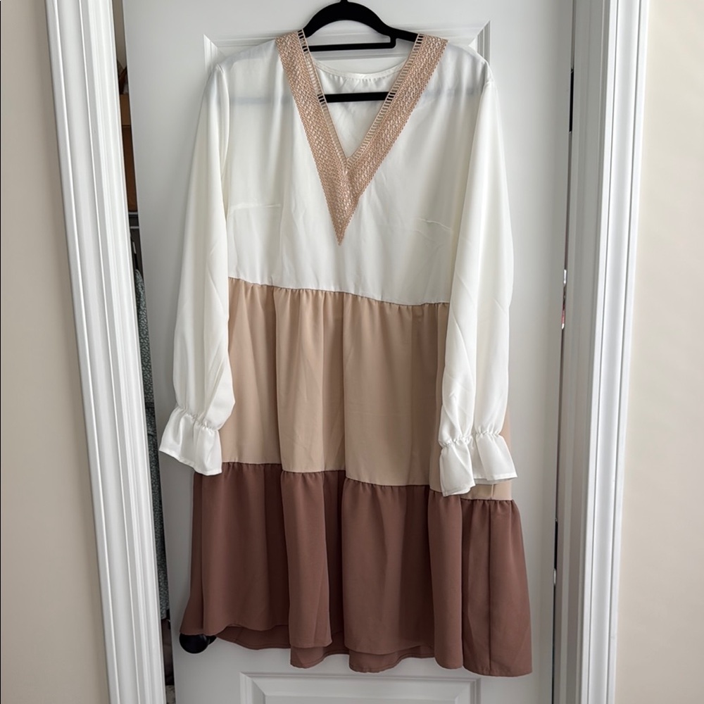 SHEIN Long Sleeve V-Neck Dress - Cream, Tan, Brown